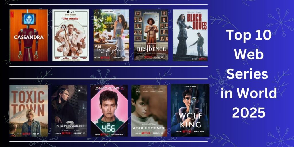 Collage of top OTT platforms like Netflix and Apple TV+ with scenes from trending shows – Top 10 Web Series in World 2025